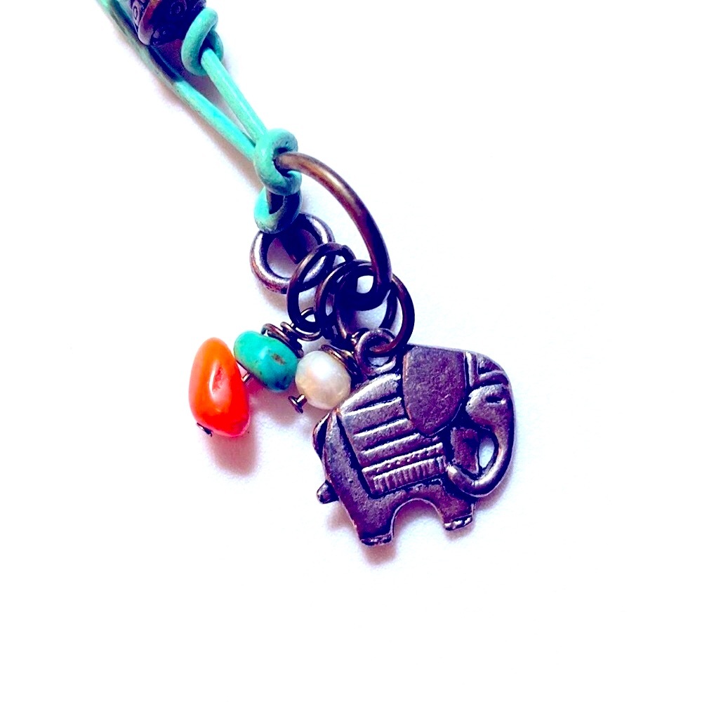 Hand Crafted Leather Ele-Mint Green Orange Elephant Bracelet